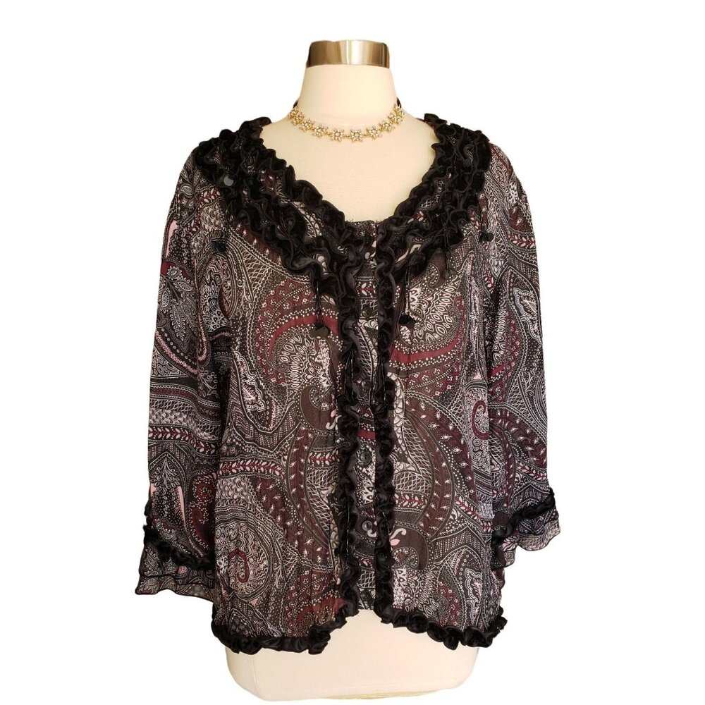 Investments Womens XL Blouse Black/Burgundy Ruffled Chic Chiffon 3/4 Slv Cottage